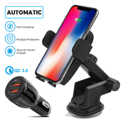 Qi certificated, Automatic Infrared Car Wireless Charger, 10W/7.5W/5W fast charging for all enabled device with QC3.0 adapter